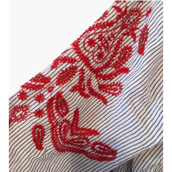 Solitaire Blue Red Stripe Embroidered Blouse Women's Size Small Pullover Longer - Picture 6 of 8